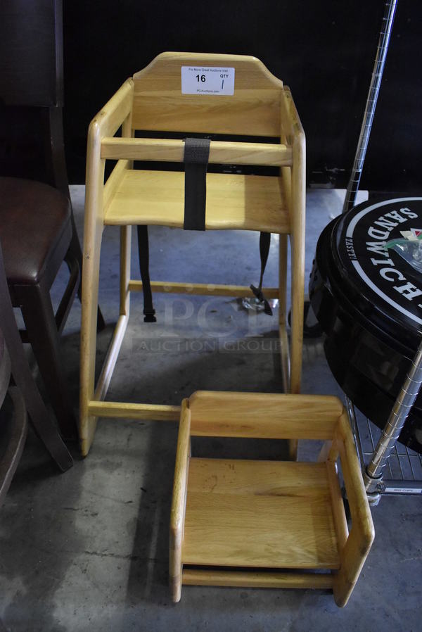 2 Wood Pattern Items; High Chair and Booster Seat. 19x20x29, 12x12x11. 2 Times Your Bid!