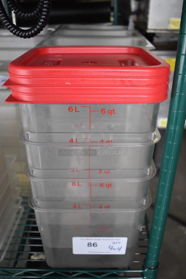 4 Poly Clear 6 Quart Containers w/ 4 Red Lids. 8.5x8.5x7. 4 Times Your Bid!