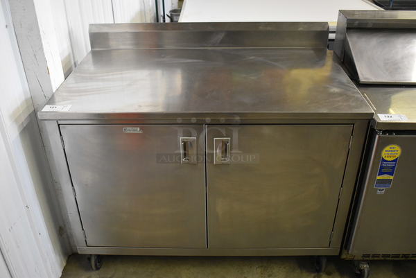 Stainless Steel Commercial Counter w/ Backsplash and 2 Doors on Commercial Casters. 48x30x42

