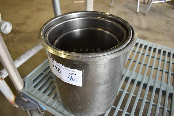 4 Various Stainless Steel Cylindrical Drop In Bins. Includes 9.5x9.5x10. 4 Times Your Bid!