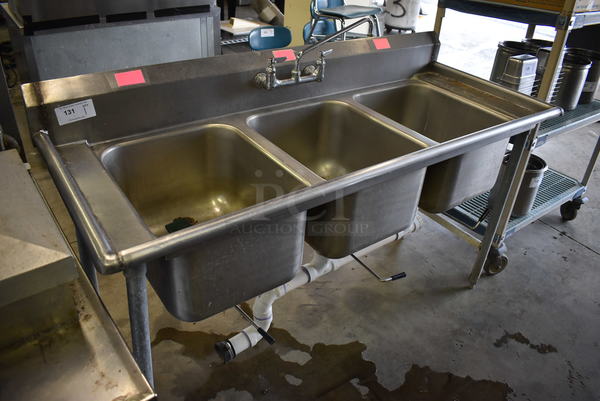 Stainless Steel Commercial 3 Bay Sink w/ Faucet and Handles. 65x27x42. Bays 16x20x12