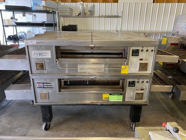 2 STUNNING! Middleby Marshall Model PS570G Stainless Steel Commercial Natural Gas Powered Conveyor Pizza Ovens on Commercial Casters. 170,000 BTU. 107x62x61. 2 Times Your Bid!