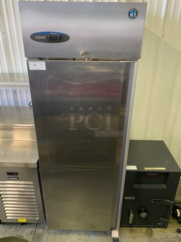 GREAT! 2016 Hoshizaki Model CR1S-FSL Stainless Steel Commercial Single Door Reach In Cooler on Commercial Casters. 115 Volts, 1 Phase. 27x33x80. Tested and Working!