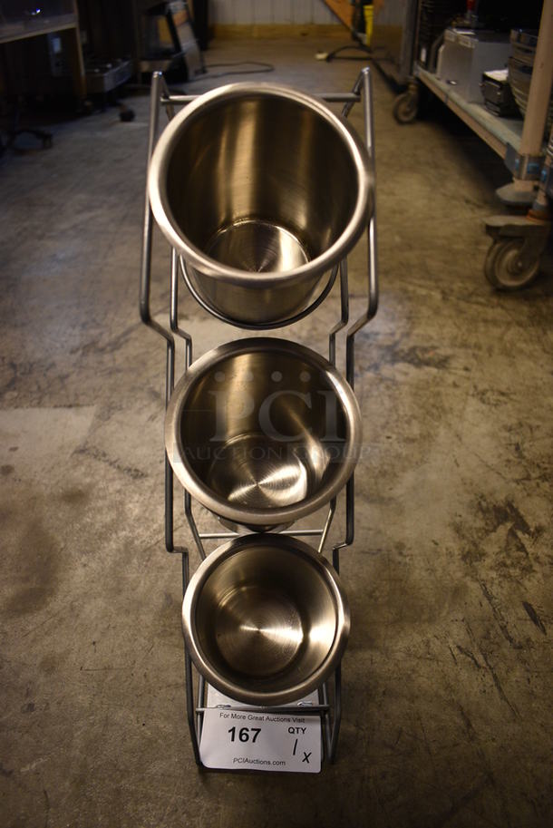 Metal Countertop Rack w/ 3 Stainless Steel Cylindrical Drop In Bins. 4.5x8.5x20 - Image 1 of 3