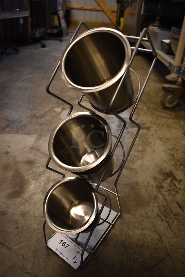 Metal Countertop Rack w/ 3 Stainless Steel Cylindrical Drop In Bins. 4.5x8.5x20 - Image 2 of 3
