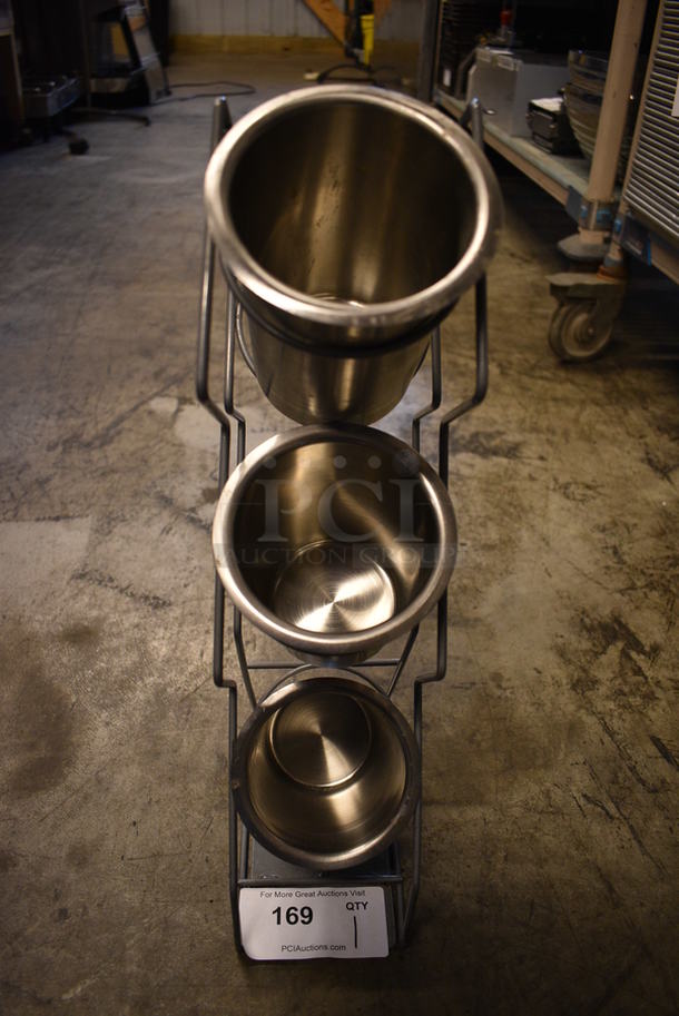 Metal Countertop Rack w/ 3 Stainless Steel Cylindrical Drop In Bins. 4.5x8.5x20 - Image 1 of 3