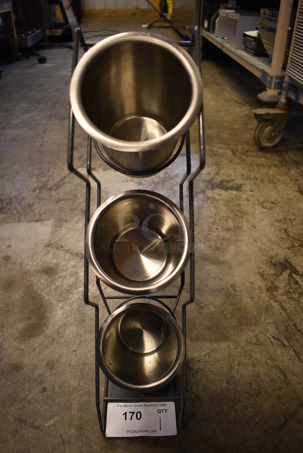 Metal Countertop Rack w/ 3 Stainless Steel Cylindrical Drop In Bins. 4.5x8.5x20 - Image 1 of 3