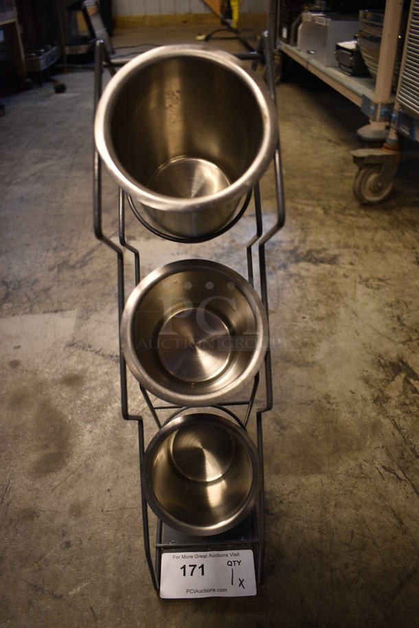 Metal Countertop Rack w/ 3 Stainless Steel Cylindrical Drop In Bins. 4.5x8.5x20