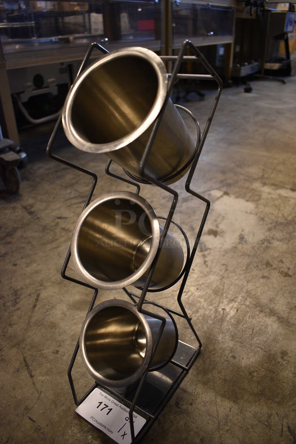 Metal Countertop Rack w/ 3 Stainless Steel Cylindrical Drop In Bins. 4.5x8.5x20 - Image 2 of 3