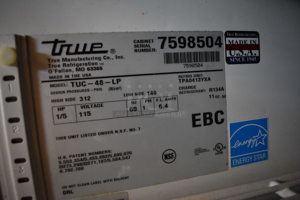 GREAT! 2012 True Model TUC-48-LP ENERGY STAR Stainless Steel Commercial 2 Door Work Top Cooler on Commercial Casters. 115 Volts, 1 Phase. 48.5x30x32. Tested and Working! - Image 6 of 6
