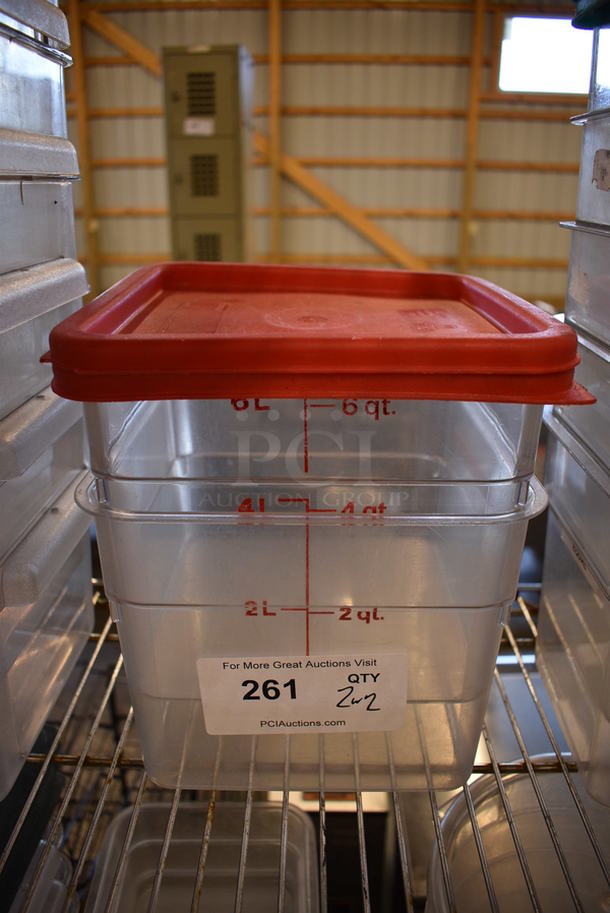2 Clear Poly 6 Quart Containers w/ 2 Red Lids. 9x9x7. 2 Times Your Bid! - Image 1 of 4