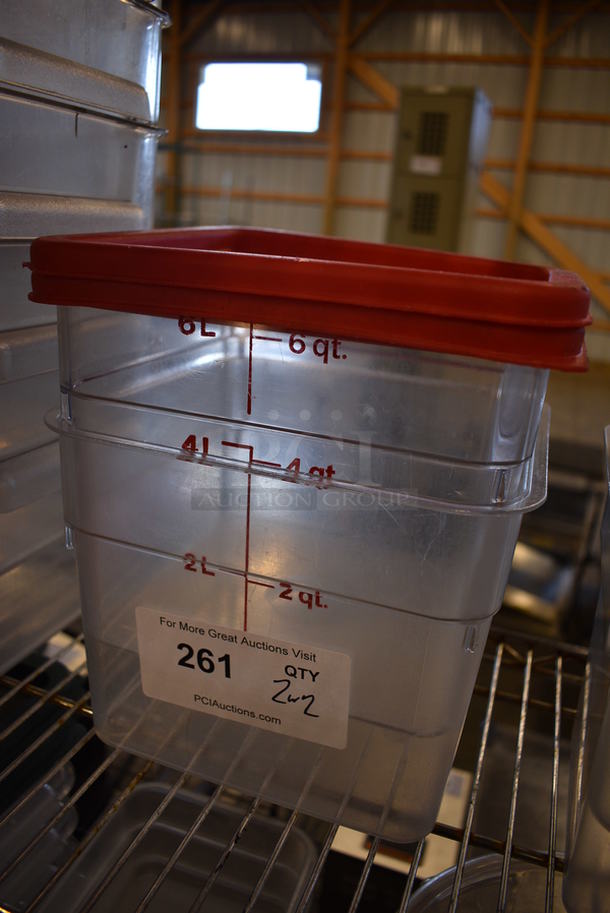 2 Clear Poly 6 Quart Containers w/ 2 Red Lids. 9x9x7. 2 Times Your Bid! - Image 2 of 4