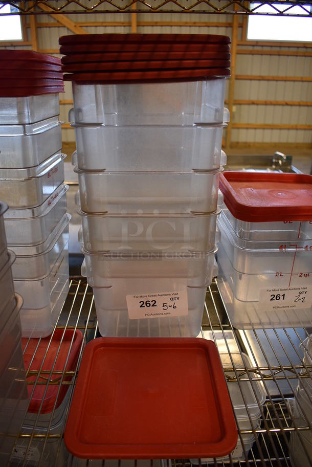 5 Clear Poly 6 Quart Containers w/ 6 Red Lids. 9x9.5x7. 5 Times Your Bid!