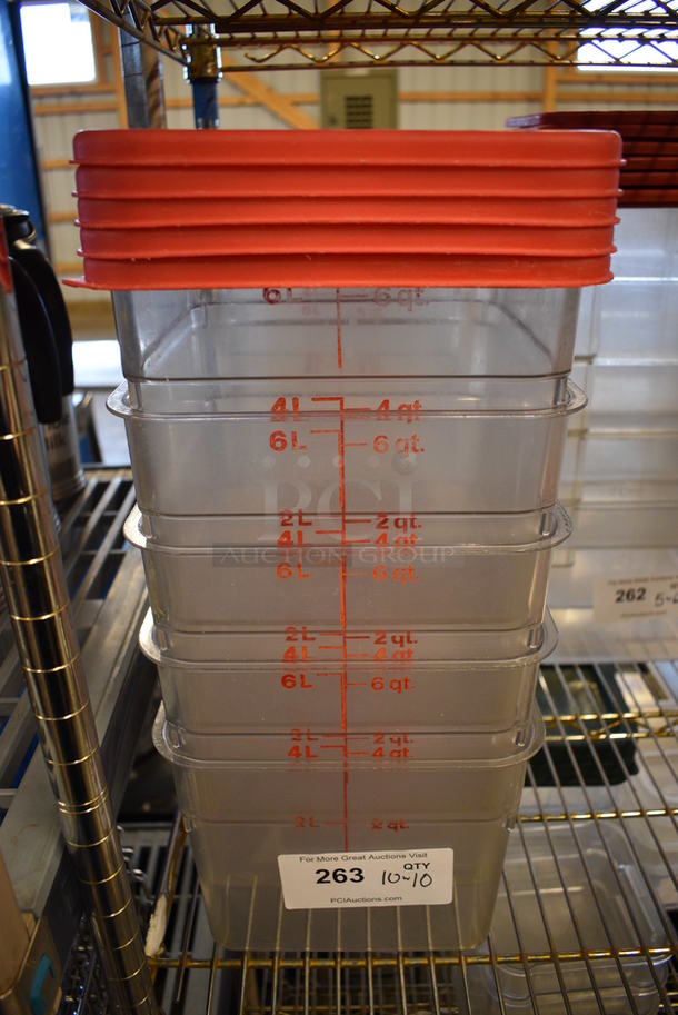 10 Clear Poly 6 Quart Containers w/ 10 Red Lids. 9x9x7. 10 Times Your Bid! - Image 1 of 3