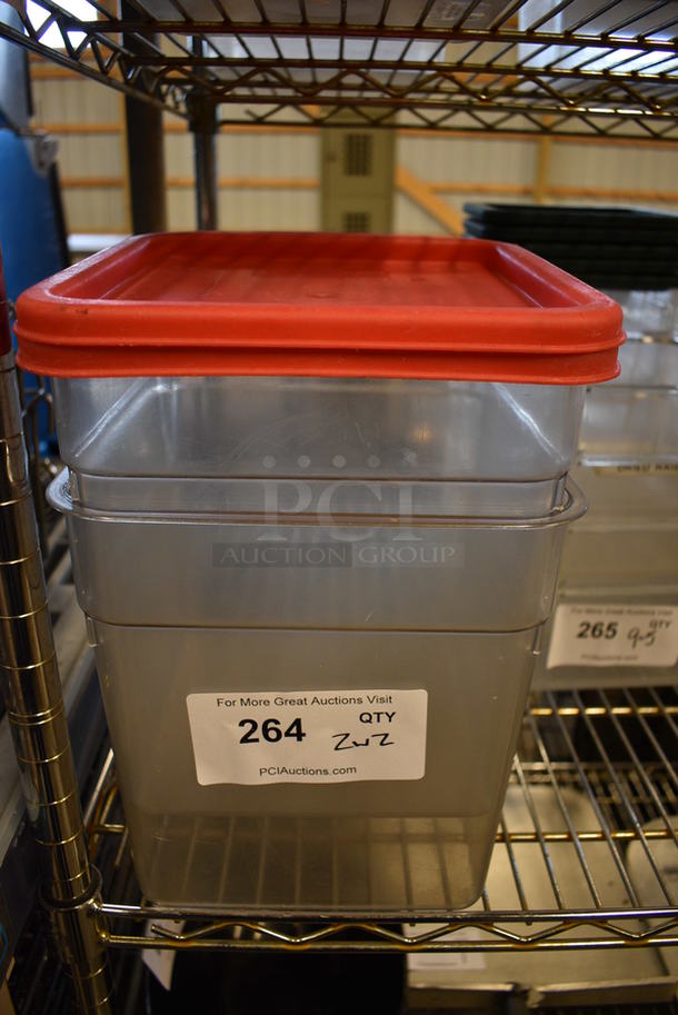 2 Clear Poly Containers w/ 2 Red Lids. 9x9x9. 2 Times Your Bid!