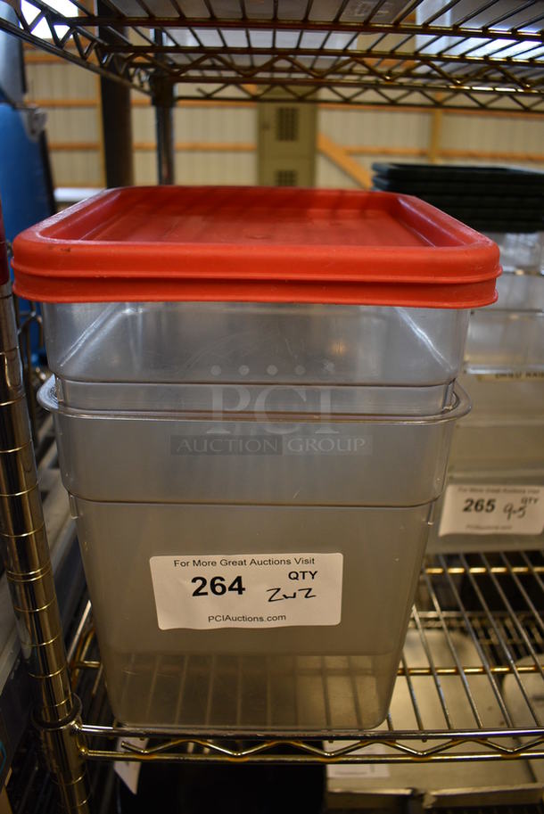 2 Clear Poly Containers w/ 2 Red Lids. 9x9x9. 2 Times Your Bid! - Image 1 of 2