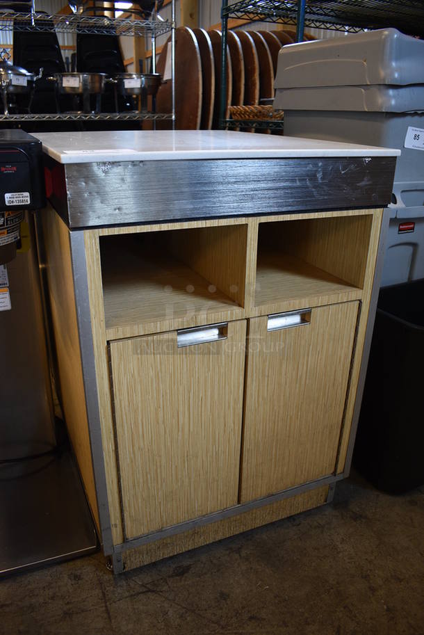 Wood Pattern Counter w/ 2 Doors and Stone Pattern Countertop on Commercial Casters. 24x30x34 - Image 3 of 5