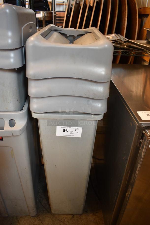 2 Gray Poly Slim Jim Trash Cans w/ 3 Lids. 20x11x30. 2 Times Your Bid!