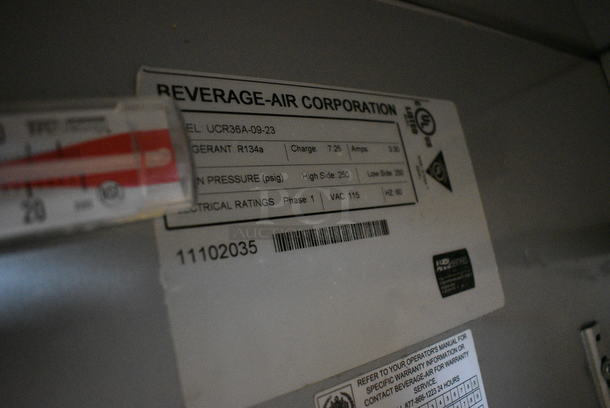 NICE! Beverage Air Model UCR36A-09-23 Stainless Steel Commercial 2 Door Work Top Cooler on Commercial Casters. 115 Volts, 1 Phase. 36x30x32. Tested and Working! - Image 5 of 5