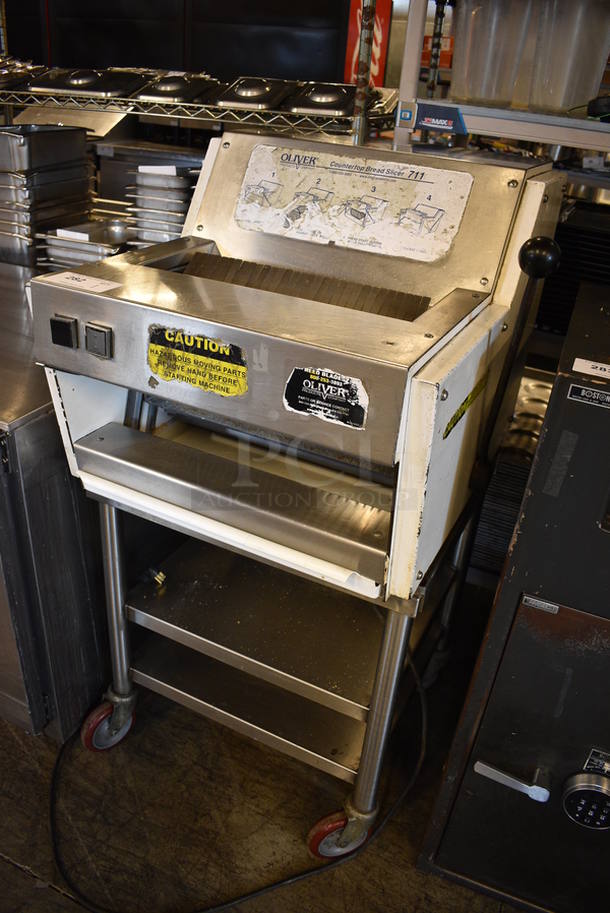 AWESOME! Oliver Model 711 Stainless Steel Commercial Bread Loaf Slicer on Stainless Steel Commercial Equipment Stand w/ Commercial Casters. 115 Volts, 1 Phase. 25x29x48. Tested and Working! - Image 3 of 7
