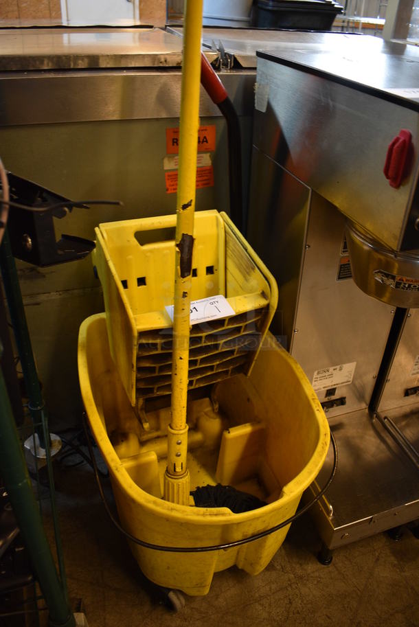 Yellow Poly Mop Bucket w/ Wringing Attachment and Mop on Commercial Casters. 16x23x37 - Image 3 of 3