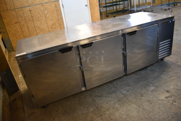 SWEET! Beverage Air Model UCR93A-09-003 Stainless Steel Commercial 3 Door Work Top Cooler on Commercial Casters. 115 Volts, 1 Phase. 93x33x32. Tested and Powers On But Does Not Get Cold - Image 2 of 7