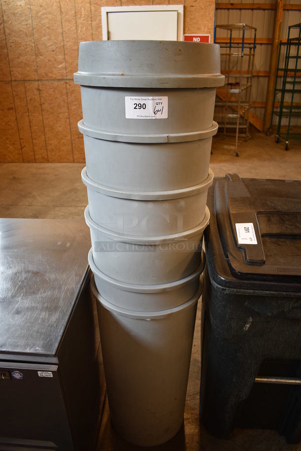 6 Gray Poly Trash Cans w/ 1 Lid. 16x16x30. 6 Times Your Bid!