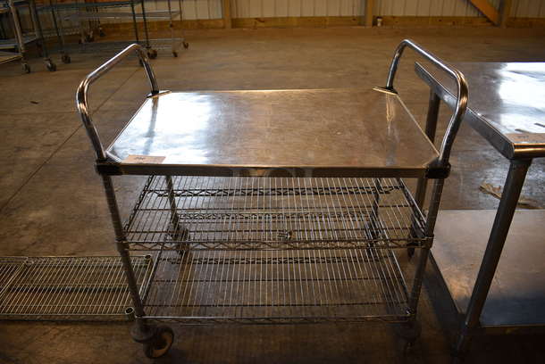 Metal Chrome Finish 3 Tier Cart w/ 2 Push Handles on Commercial Casters. 38x24x39 - Image 1 of 3