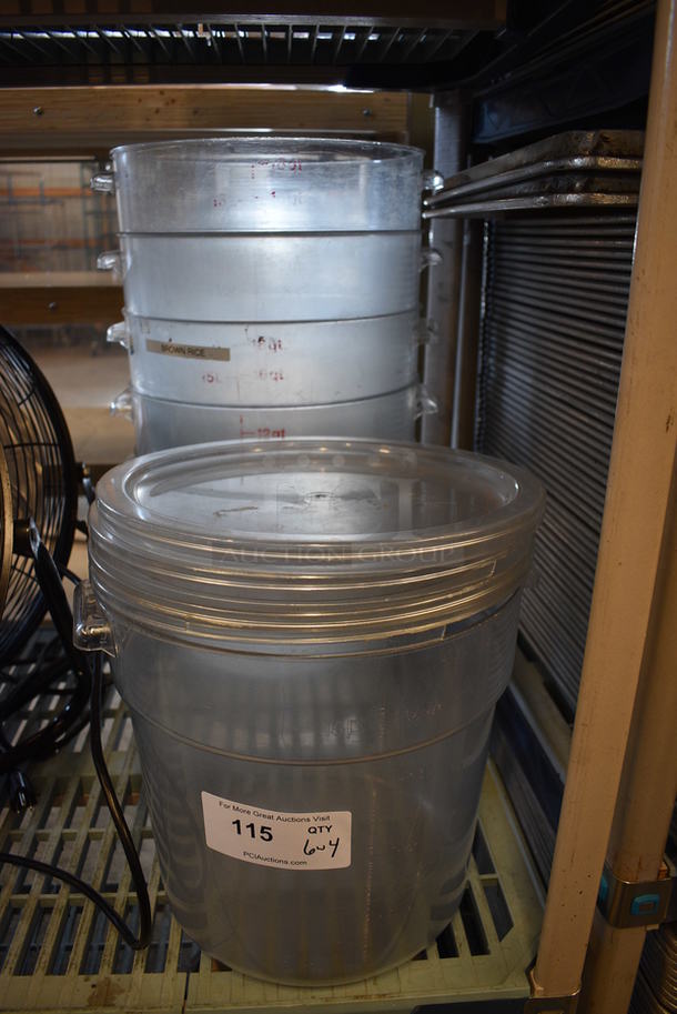 6 Clear Poly Cylindrical Bins w/ 4 Lids. 13.5x12.5x12. 6 Times Your Bid!