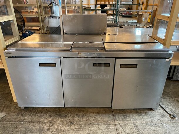 WOW! 2014 Delfield Model 4472N-30M-M479 Stainless Steel Commercial Prep Table w/ 3 Lids and 3 Doors on Commercial Casters. 115 Volts, 1 Phase. 72x32x36. Tested and Working!
