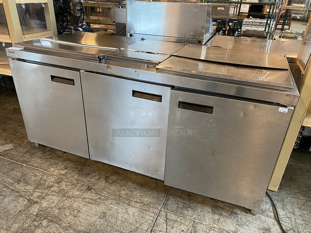 WOW! 2014 Delfield Model 4472N-30M-M479 Stainless Steel Commercial Prep Table w/ 3 Lids and 3 Doors on Commercial Casters. 115 Volts, 1 Phase. 72x32x36. Tested and Working! - Image 2 of 12