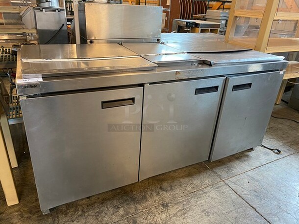 WOW! 2014 Delfield Model 4472N-30M-M479 Stainless Steel Commercial Prep Table w/ 3 Lids and 3 Doors on Commercial Casters. 115 Volts, 1 Phase. 72x32x36. Tested and Working! - Image 3 of 12