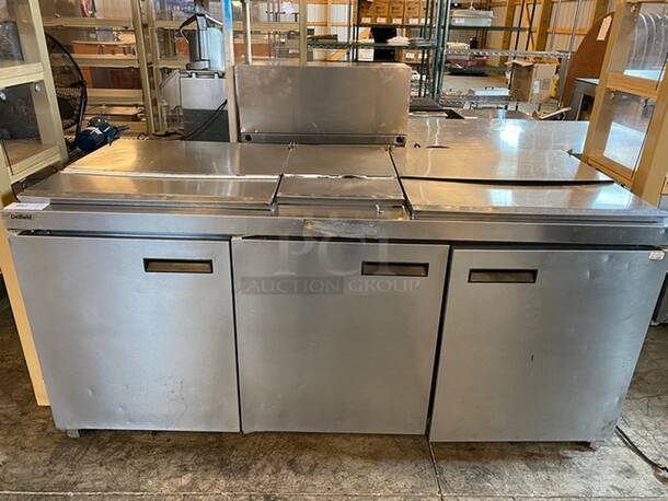 WOW! 2014 Delfield Model 4472N-30M-M479 Stainless Steel Commercial Prep Table w/ 3 Lids and 3 Doors on Commercial Casters. 115 Volts, 1 Phase. 72x32x36. Tested and Working! - Image 4 of 12