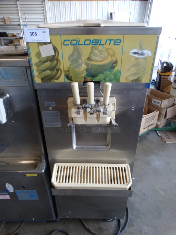 SWEET! Coldelite Model UF303 Stainless Steel Commercial Floor Style 2 Flavor w/ Twist Soft Serve Ice Cream Machine on Commercial Casters. 250 Volt Plug. 22x35x62