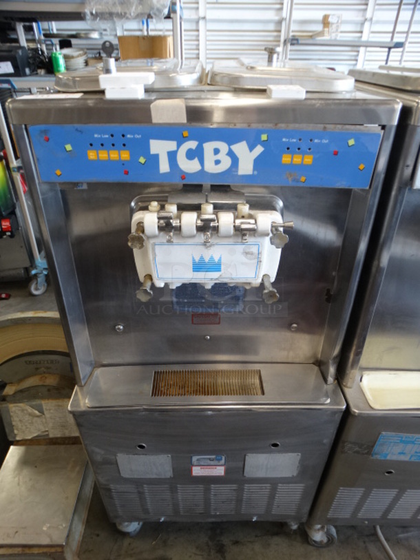 SWEET! Taylor Model 339-37 Stainless Steel Commercial Floor Style Air Cooled 2 Flavor w/ Twist Soft Serve Ice Cream Machine on Commercial Casters. 208-230 Volts, 1 Phase. 26x33x59