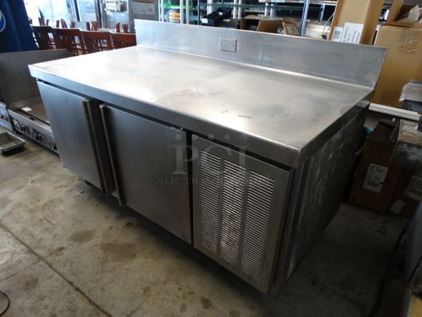 NICE! Stainless Steel Commercial Work Top 2 Door Cooler w/ Backsplash. 64x31x41. Tested and Does Not Power On