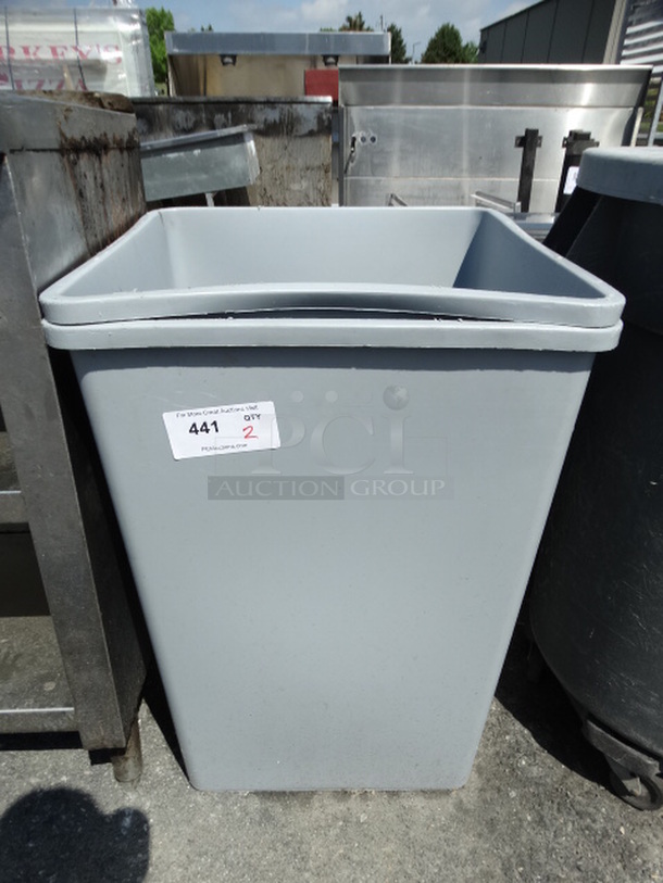 2 Gray Poly Trash Cans. 19.5x19.5x28. 2 Times Your Bid!