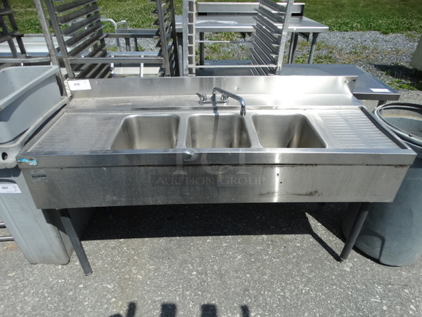 Stainless Steel Commercial 3 Bay Sink w/ Dual Drainboards, Faucet and Handles. 59x23.5x34. Bays 10x14x9. Drainboards 11x16x1