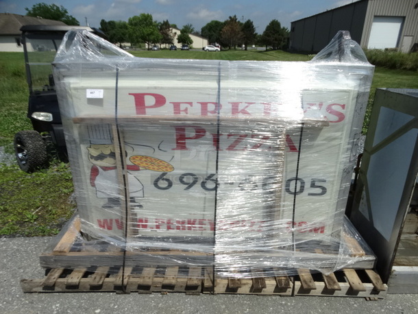 Perkey's Pizza Sign w/ Custom Made Pallet. Item Is Already Palletized; If Shipping Is Needed Winner Would Not Need To Pay Palletizing Fee. 76x13x60