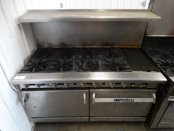 GREAT! Imperial Stainless Steel Commercial Gas Powered 8 Burner Range w/ Right Side Griddle, Lower Oven, Lower CONVECTION Oven and Stainless Steel Overshelf on Commercial Casters. 60x32x57