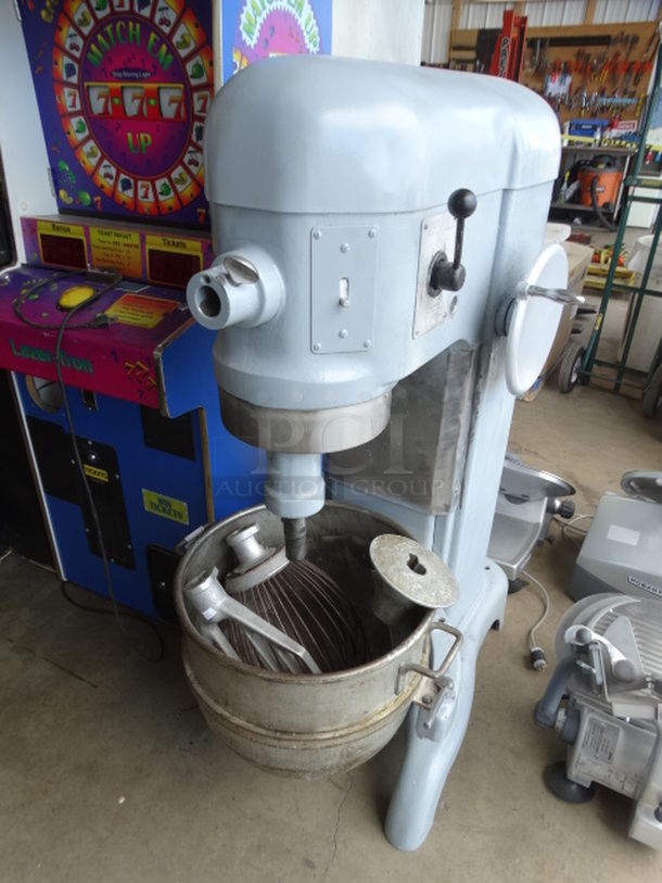 FANTASTIC! Hobart Model H-600 Metal Commercial Floor Style 60 Quart Planetary Mixer w/ Mixing Bowl, Paddle, Whisk and Dough Hook Attachments. 230 Volts, 1 Phase. 28x40x56
