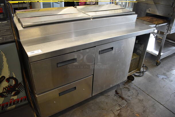 WOW! Delfield Stainless Steel Commercial Pizza Prep Table w/ 2 Drawers and Door on Commercial Casters. 62x32x44. Cannot Test Due To Cut Power Cord