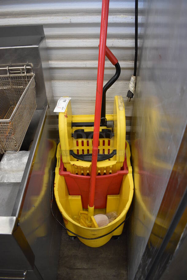 Yellow Poly Mop Bucket w/ Wringing Attachment and Mop on Commercial Casters. 15x22x40