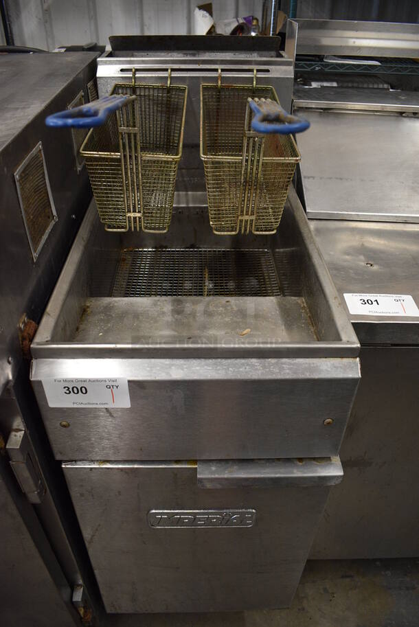 NICE! Imperial Stainless Steel Commercial Gas Powered Deep Fat Fryer w/ 2 Metal Fry Baskets on Commercial Casters. 15.5x30x45