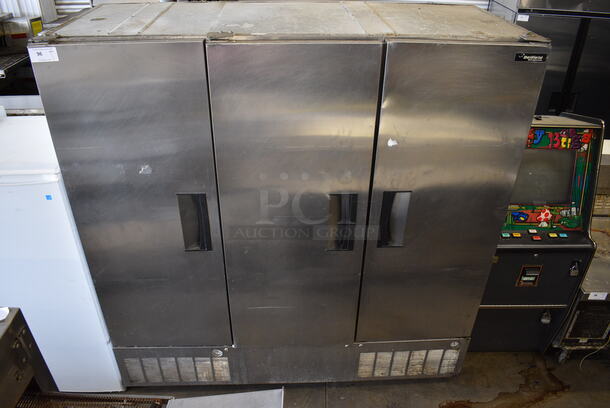 FANTASTIC! HARD TO FIND! Delfield Stainless Steel Commercial 3 Door Reach In Combo Refrigeration Unit on Commercial Casters. Left Section: Freezer, Middle and Right Sections: Cooler. 115 Volts, 1 Phase. 76x34x79. Tested and Working!