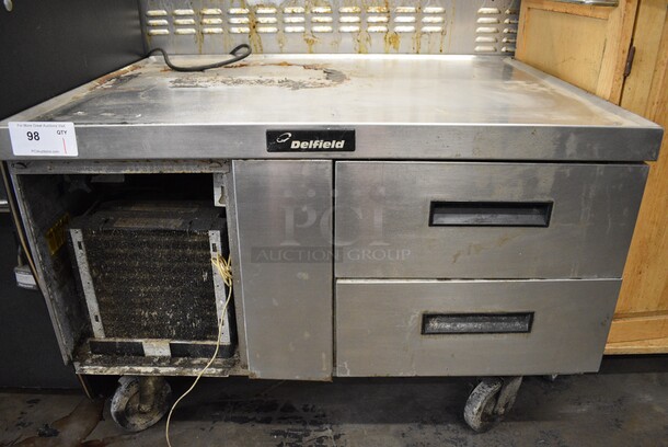 NICE! Delfield Stainless Steel Commercial 2 Drawer Chef Base on Commercial Casters. 39x31x26. Tested and Powers On But Does Not Get Cold
