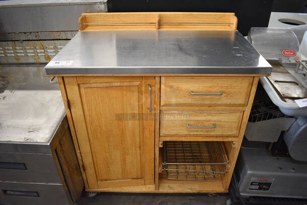 Wooden Portable Counter w/ Metal Countertop, Door, 2 Drawers and 2 Baskets on Casters. 37x24x40