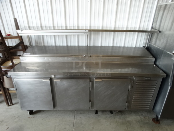 AWESOME! 2007 Kairak Model KRP-89S Stainless Steel Commercial Pizza Prep Table w/ Overshelf on Commercial Casters. 115 Volts, 1 Phase. Unit Was Working When Removed! 89x32x57