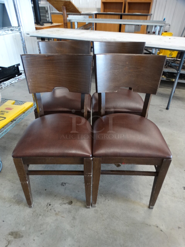 4 Wood Pattern Dining Chairs w/ Brown Seat Cushion. 16x17x33. 4 Times Your Bid!