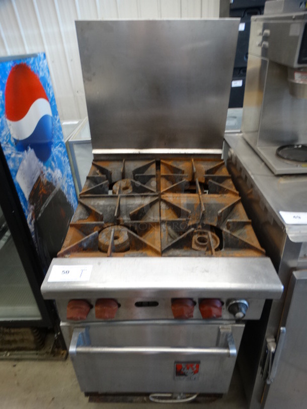 NICE! Wolf Stainless Steel Commercial Gas Powered 4 Burner Range w/ Lower Oven and Backsplash on Commercial Casters. 22.5x32.5x58